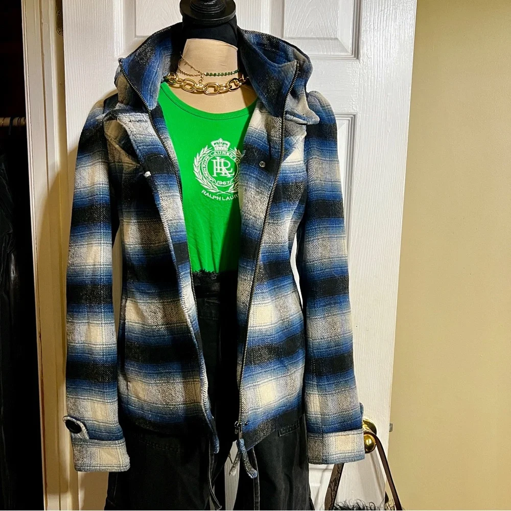 Mavi Wms Y2K Plaid Flannel Wool Blend Hooded Mock Neck‎ Preppy Casual Jacket S